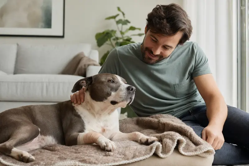 Ein Pitbullterrier mit leicht verbundenen Pfote liegt ruhig auf einer Decke, während sein Besitzer neben ihm erleichtert sitzt.