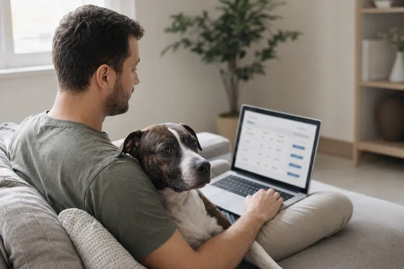 Ein Hundebesitzer sitzt auf dem Sofa mit einem Laptop, während ein Pitbullterrier daneben sitzt und die Anzeige für einen Versicherungsvergleich zeigt.