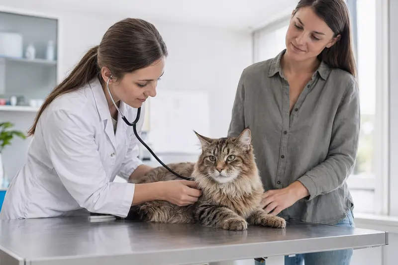 Eine ruhige Pixiebob Longhair Katze wird von einer freundlichen Tierärztin mit einem Stethoskop untersucht.