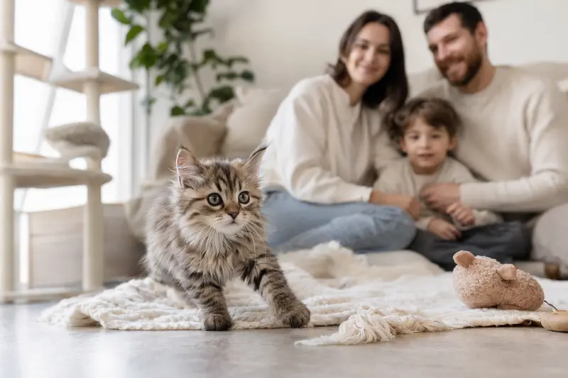 Ein neugieriges Pixiebob Longhair Katzenkitten erkundet seine helle Wohnung mit liebevollen Familienmitgliedern im Hintergrund.