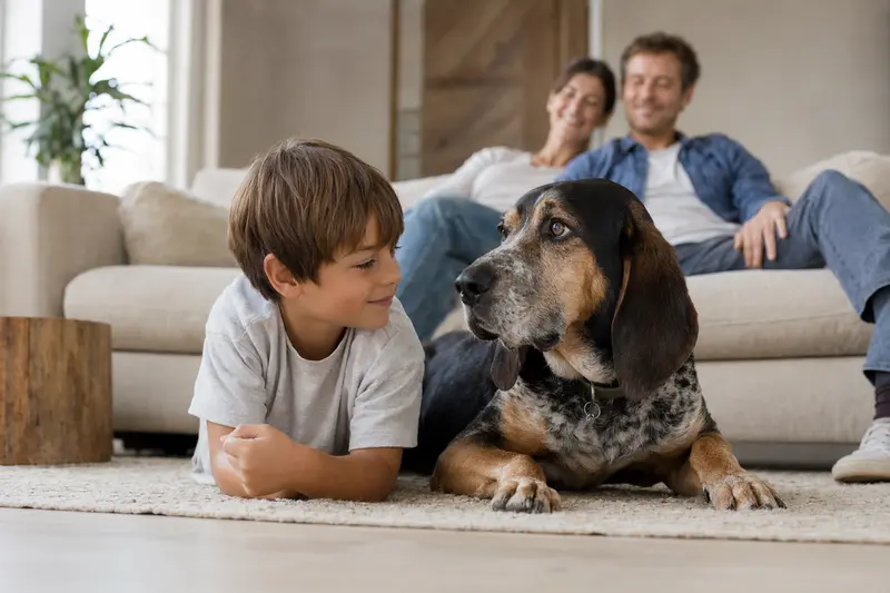 Ein freundlicher Plott Coonhound liegt entspannt neben einem Kind im hellen Wohnzimmer und vermittelt eine sichere Familienatmosphäre.