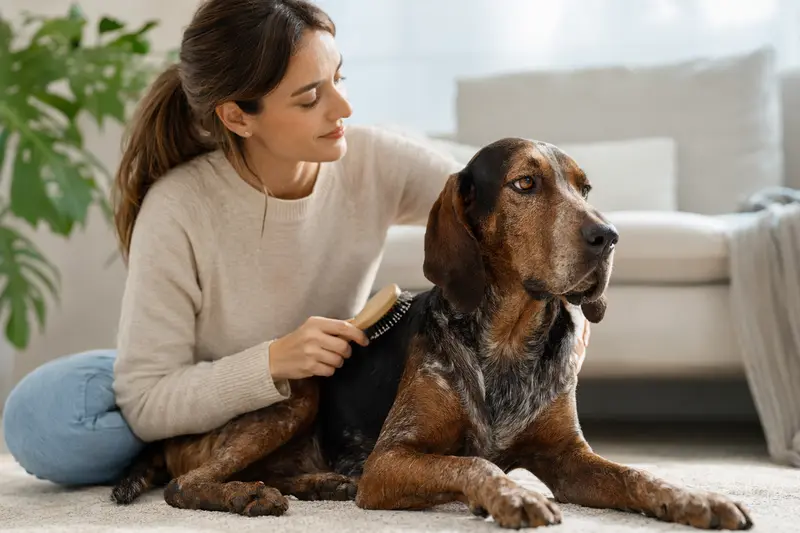 Ein Plott Coonhound wird in einer hellen Wohnung sanft gebürstet, während sein Besitzer liebevoll die Fellpflege übernimmt.