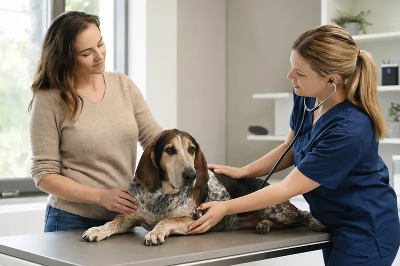 Ein ruhiger Plott Coonhound wird von einer freundlichen Tierärztin mit einem Stethoskop in einer modernen Tierarztpraxis untersucht.