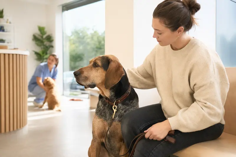 Plott Coonhound sitzt ruhig neben seinem Besitzer im hellen Wartezimmer einer modernen Tierarztpraxis.