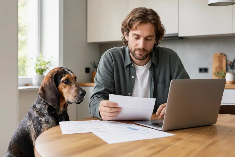 Ein Plott Coonhound sitzt ruhig neben seinem Besitzer am Küchentisch mit Versicherungsunterlagen und einem Laptop zur Hundekrankenversicherung.