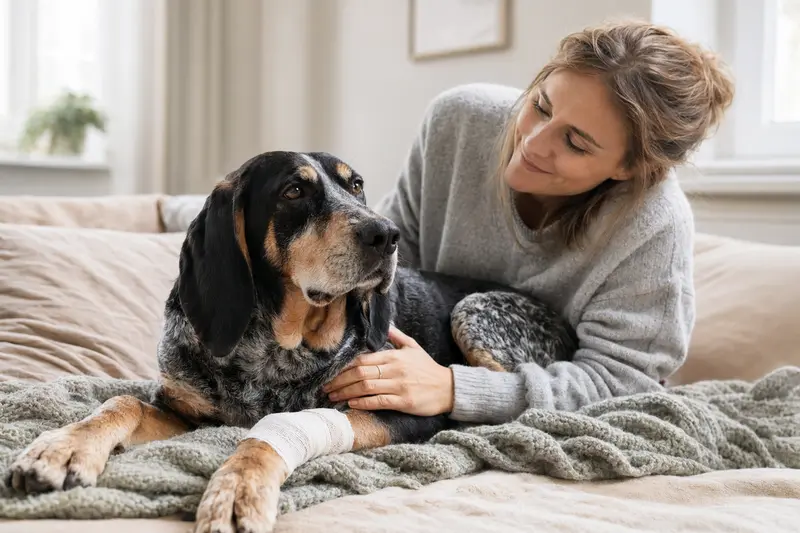 Plott Coonhound mit leicht verbundenen Pfote liegt ruhig auf einer Decke, während sein Besitzer neben ihm erleichtert sitzt.