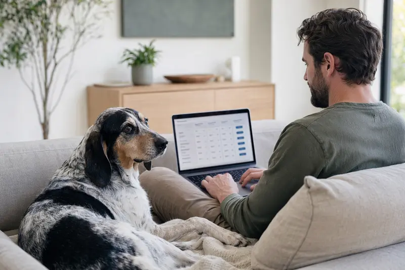 Ein Hundebesitzer arbeitet am Laptop auf dem Sofa, während sein Plott Coonhound neben ihm sitzt und die Versicherungsvergleiche auf dem Bildschirm betrachtet.