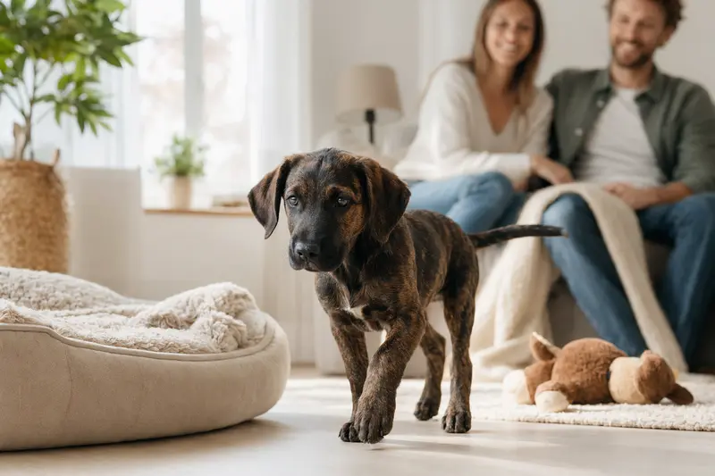 Ein neugieriger Plott Coonhound Welpe entdeckt seine neue, helle Wohnung mit Spielzeug und einer liebevollen Familie im Hintergrund.