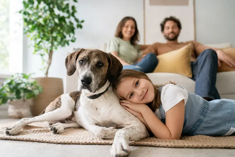 Ein entspannter Plott-Hound liegt neben einem Kind im Wohnzimmer und vermittelt ein Gefühl von Familienharmonie.