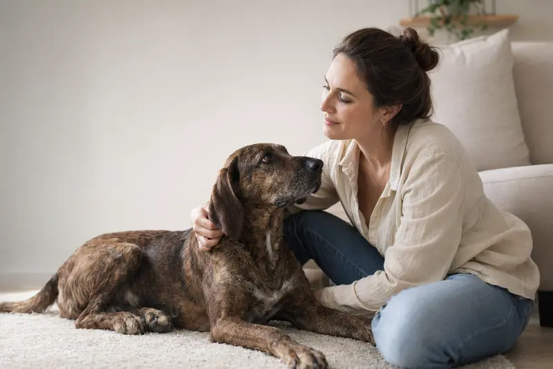 Ein schöner Plott-Hound steht aufmerksam vor neutralem Hintergrund, zeigt seine typische Körperform und Fellstruktur.