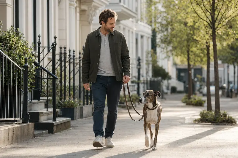 Ein Plott-Hound Hund läuft entspannt an der Leine mit seinem Besitzer durch eine moderne Stadtstraße.