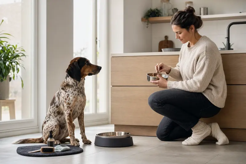 Ein Plott-Hound sitzt neben einem hochwertigen Futternapf und Pflegezubehör in einer modernen Küche, während der Besitzer gesundes Futter zubereitet.