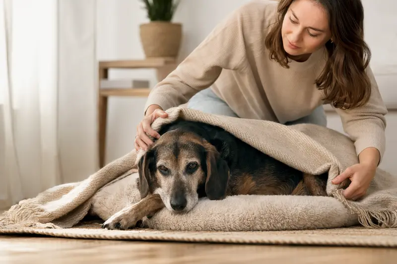 Ein Plott-Hound Hund liegt entspannt in einem hellen Zuhause, während sein Besitzer ihm liebevoll eine Decke überlegt.