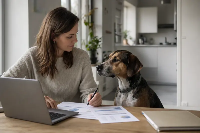 Ein Plott-Hound sitzt entspannt neben seinem Besitzer am Küchentisch mit Versicherungsunterlagen und einem Laptop.
