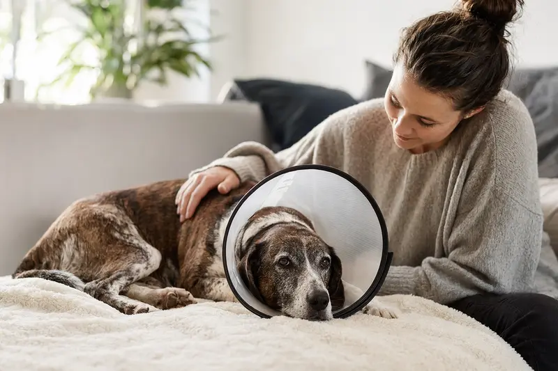 Ein Plott-Hound Hund entspannt auf einer Decke und trägt einen medizinischen Schutzkragen, während sein Besitzer beruhigend daneben sitzt.