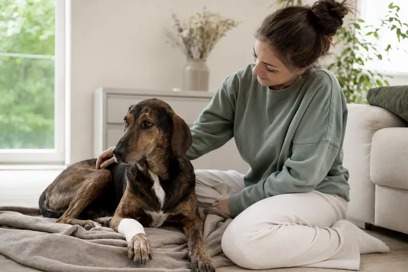 Ein entspannter Plott-Hound liegt mit einem leichten Verband an der Pfote auf einer Decke, während sein erleichterter Besitzer daneben sitzt.
