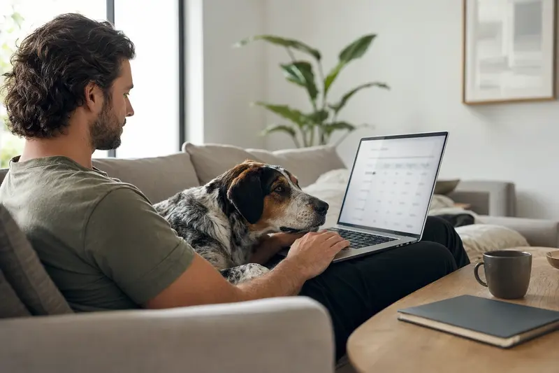 Ein Hund und sein Besitzer vergleichen bequem von zu Hause aus Tierkrankenversicherungen am Laptop auf dem Sofa.