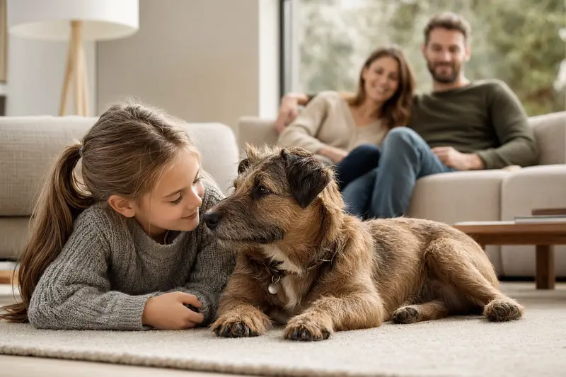 Ein freundlicher Plummer Terrier liegt entspannt neben einem Kind im Wohnzimmer und vermittelt eine sichere familiäre Atmosphäre mit Hund und Eltern im Hintergrund.