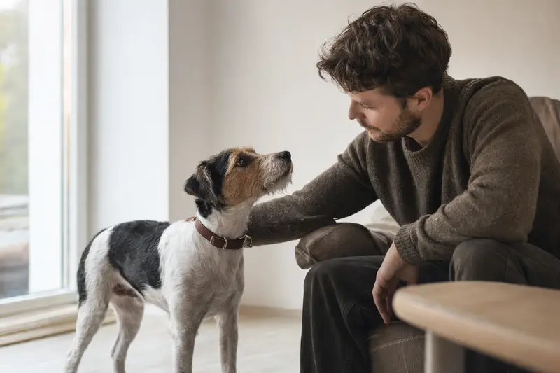 Ein aufmerksamer Plummer Terrier steht in natürlicher Haltung vor hellem neutralem Hintergrund.