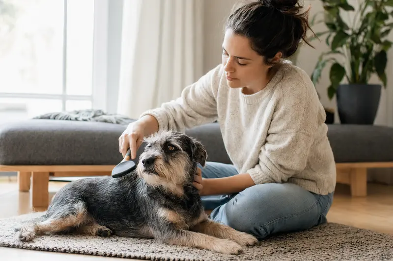 Ein Plummer Terrier wird zuhause von seinem Besitzer sanft gebürstet, was liebevolle Fellpflege und verantwortungsvolle Hundegesundheit zeigt.