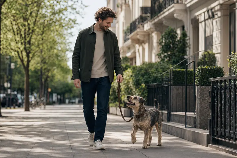 Ein Plummer Terrier läuft an der Leine mit seinem Besitzer durch eine freundliche moderne Stadtstraße.