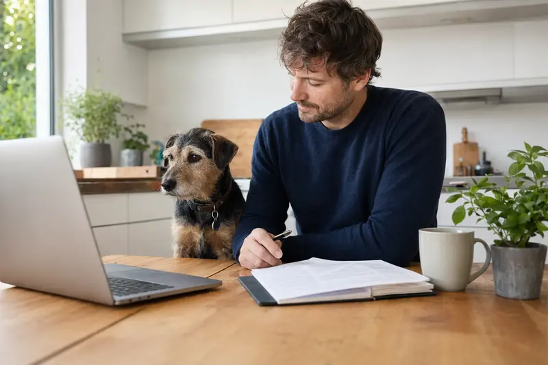 Plummer Terrier Hund sitzt ruhig neben seinem Besitzer am Küchentisch mit Versicherungsunterlagen und Laptop zur Tierkrankenversicherung.