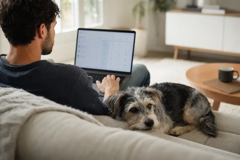 Ein Besitzer mit einem Laptop auf dem Sofa, neben ihm sitzt ein Plummer Terrier in einer ruhigen Wohnung, während er sich über Tierversicherungen informiert.