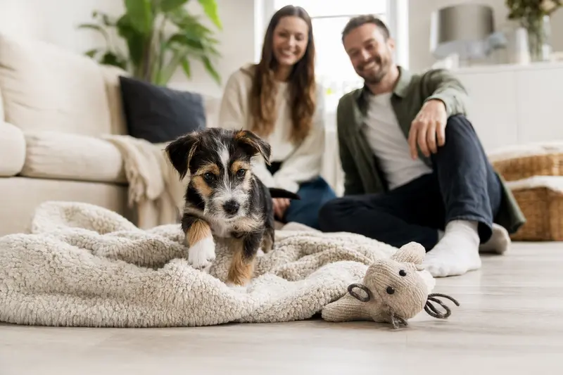 Ein neugieriger Plummer Terrier Welpe entdeckt sein neues Zuhause mit weicher Decke und Spielzeug.