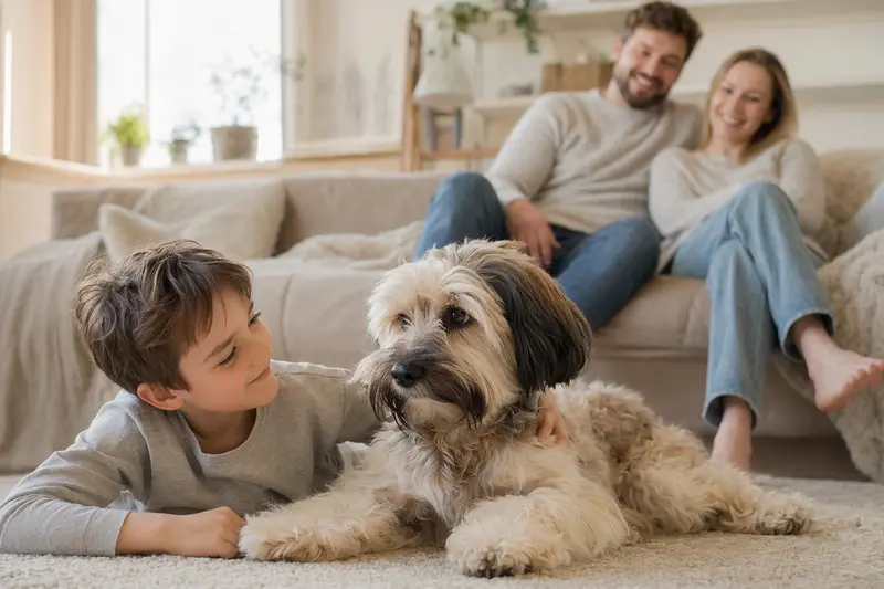 Ein freundlicher Pocadan Hund liegt entspannt neben einem Kind im hellen Wohnzimmer, während die Eltern im Hintergrund eine sichere Familienatmosphäre vermitteln.