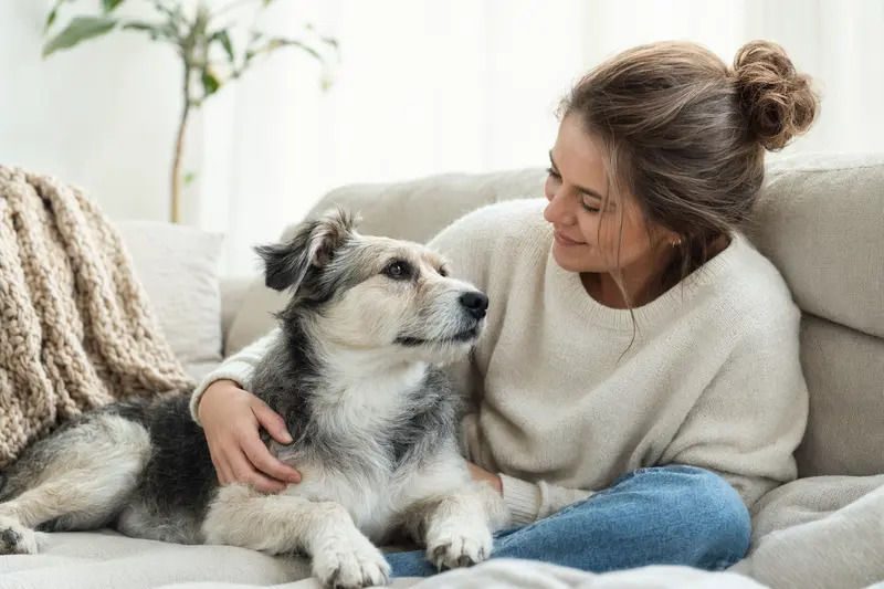 Ein aufmerksamer Pocadan Hund steht in natürlicher Haltung vor hellem neutralem Hintergrund und wirkt wie ein professionelles Hundeportrait.