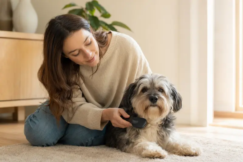 Ein Pocadan-Hund wird in einer hellen Wohnung liebevoll von seinem Besitzer gebürstet, als Teil der regelmäßigen Fellpflege und Hundegesundheit.