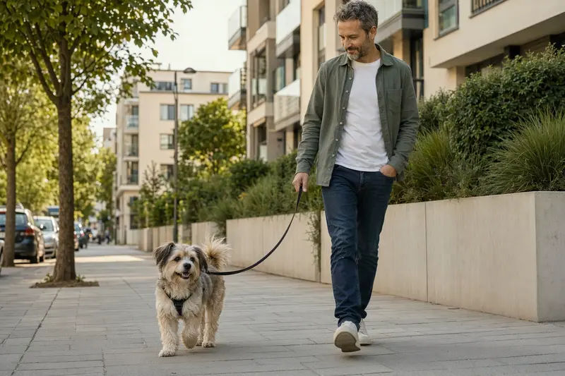 Ein Pudelhund läuft an der Leine mit seinem Besitzer durch eine freundliche moderne Stadtstraße.