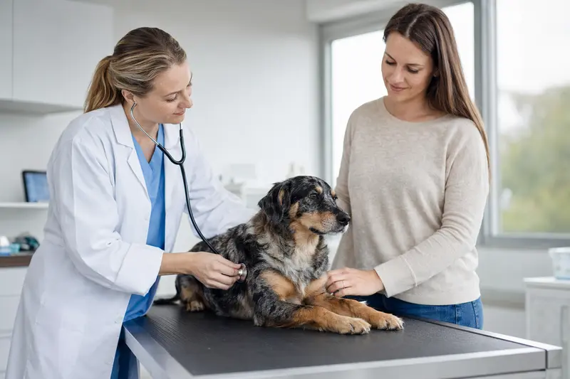 Ein ruhiger Hund wird in einer modernen Tierarztpraxis behutsam mit dem Stethoskop untersucht, während der Besitzer beruhigend danebensteht.