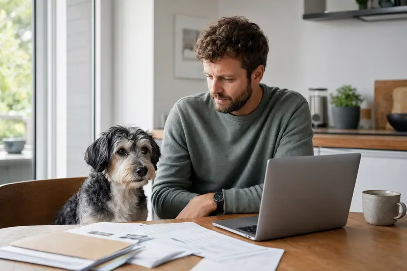 Ein ruhiger Mischlingshund sitzt neben seinem Besitzer am Küchentisch, während Versicherungsunterlagen und ein Laptop mit Vergleichsseite die Hundeversicherung thematisch ergänzen.