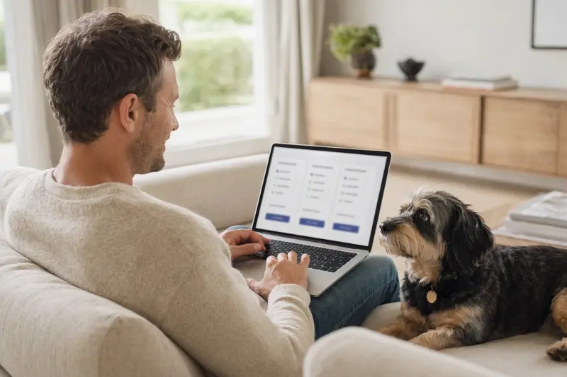 Ein Hund sitzt neben einem Laptop auf einem Sofa, während sein Besitzer Versicherungsoptionen prüft.