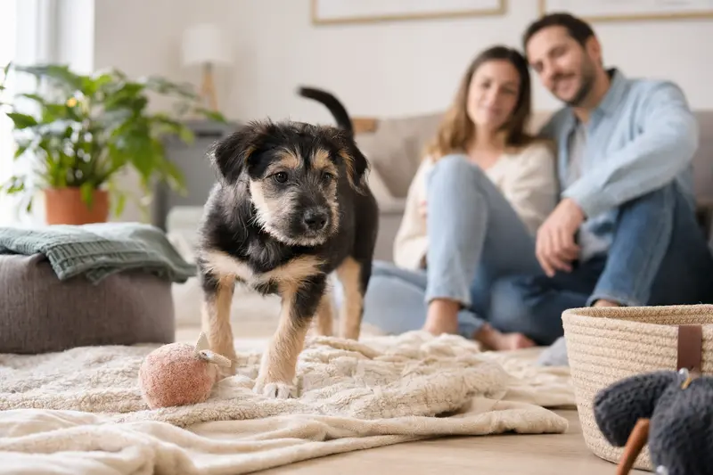 Junger Poca-Welpe entdeckt neugierig sein neues Zuhause in einer hellen Wohnung mit weicher Decke und Spielzeug.