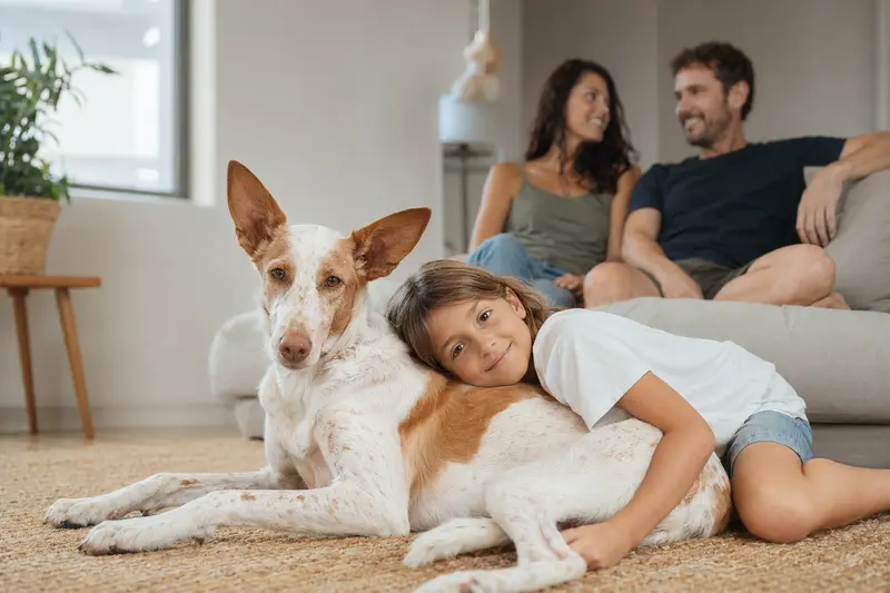 Ein Podenco Andaluz liegt entspannt neben einem Kind im Wohnzimmer, während die Eltern im Hintergrund eine sichere Familienatmosphäre schaffen.
