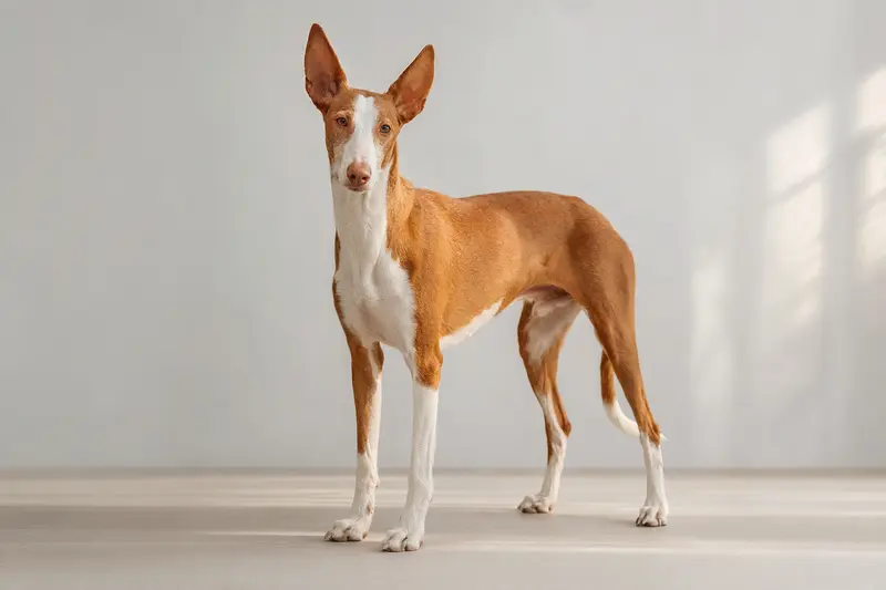 Ein Podenco Andaluz steht aufmerksam vor hellem Hintergrund und zeigt die typische elegante Körperform der Rasse.