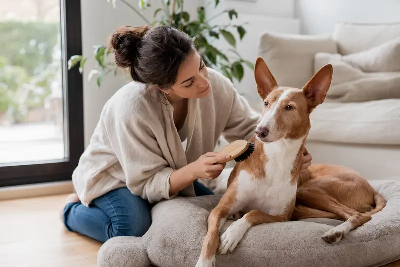 Ein Podenco Andaluz wird in einer hellen Wohnung sanft von seinem Besitzer gebürstet, als Zeichen liebevoller Fellpflege und Verantwortung.