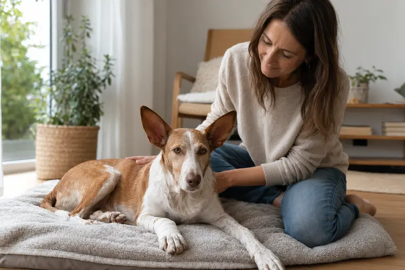 Ein Podenco Andaluz Maneto mit verbundenem Pfotenbereich liegt ruhig auf einer Decke, während sein Besitzer erleichtert neben ihm sitzt.
