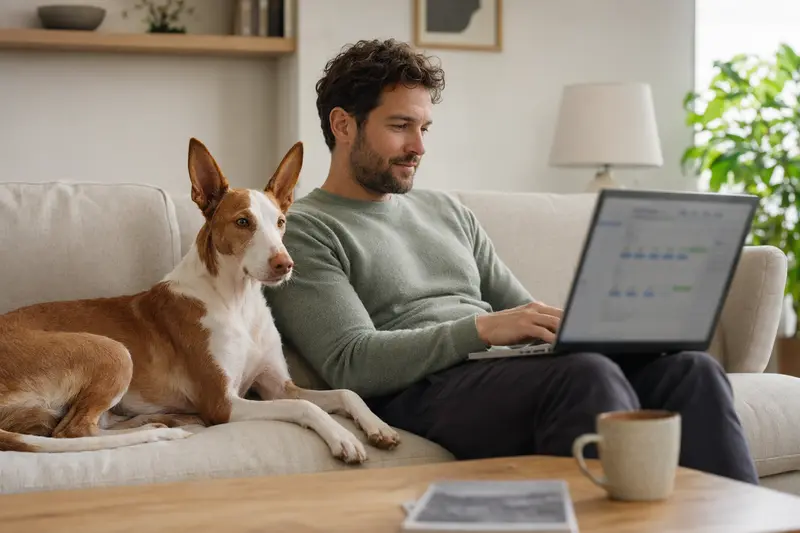 Besitzer mit Laptop auf dem Sofa neben einem Podenco Andaluz Maneto Hund, der Bildschirm zeigt eine neutrale Versicherungsvergleichs-Oberfläche.