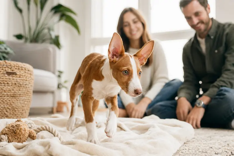 Ein neugieriger Podenco Andaluz Maneto Welpe erkundet sein neues Zuhause, umgeben von einer liebevollen Familie.