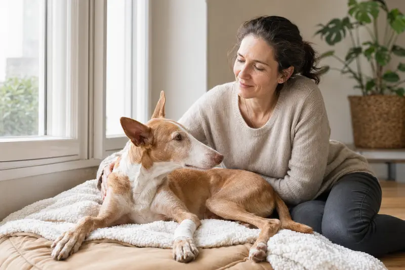 Podenco Andaluz mit leichtem Verband an der Pfote liegt ruhig auf einer Decke, während sein Besitzer neben ihm erleichtert sitzt.