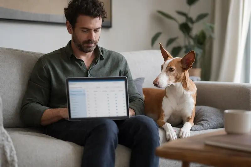 Ein Hundebesitzer sitzt mit einem Laptop auf dem Sofa, während ein Podenco Andaluz neben ihm liegt und eine neutrale Versicherungsvergleichsseite auf dem Bildschirm angezeigt wird.