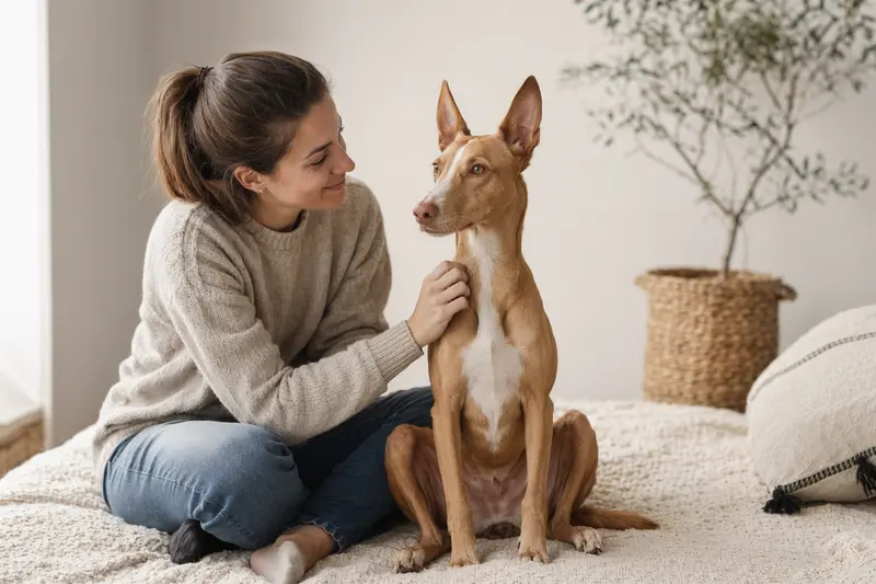 Aufmerksamer Podenco Canario in natürlicher Haltung vor hellem Hintergrund im realistischen Tierportrait.