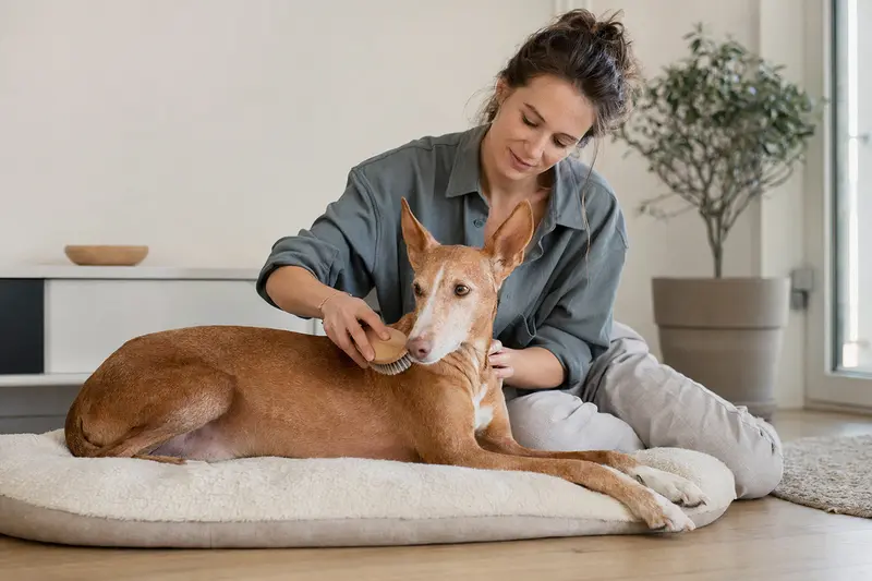 Ein Podenco Canario wird zuhause von seinem Besitzer sanft gebürstet, was liebevolle Fellpflege und verantwortungsvolle Hundegesundheit zeigt.