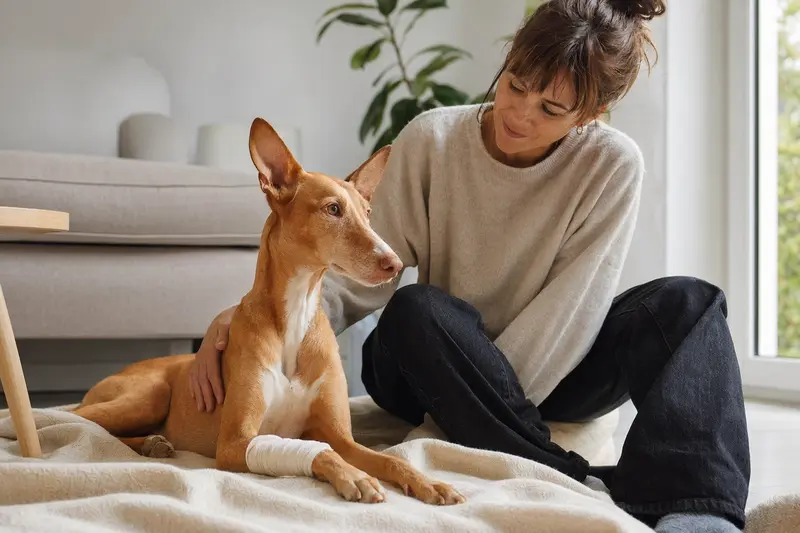 Ein Podenco Canario Hund mit leichtem Verband an der Pfote liegt entspannt auf einer Decke, während sein erleichterter Besitzer daneben sitzt.