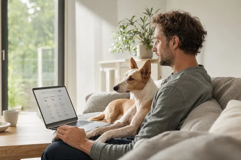 Ein Hundebesitzer arbeitet am Laptop auf dem Sofa, während ein Podenco Canario neben ihm sitzt und eine neutrale Versicherungsvergleichs-Oberfläche angezeigt wird.