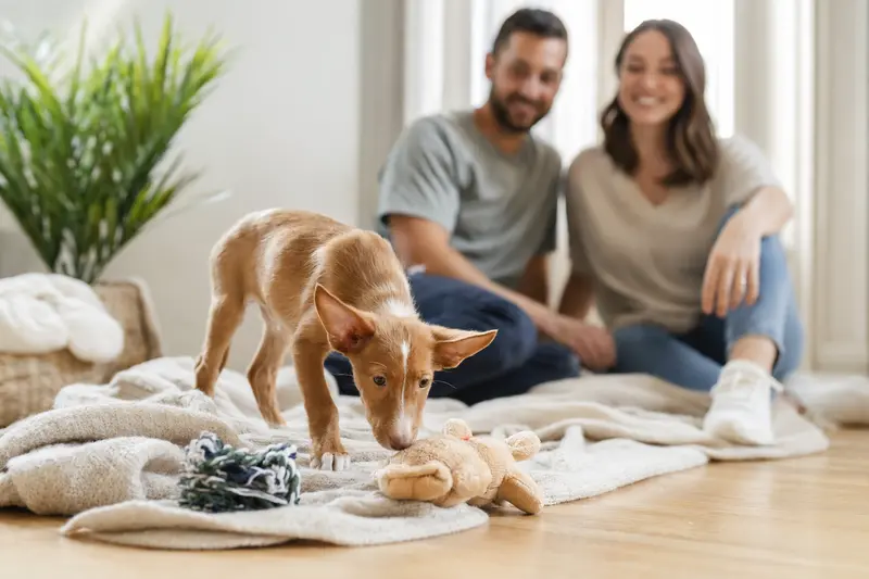 Ein neugieriger Podenco Canario Welpe entdeckt seine neue, liebevolle Umgebung auf einer weichen Decke.