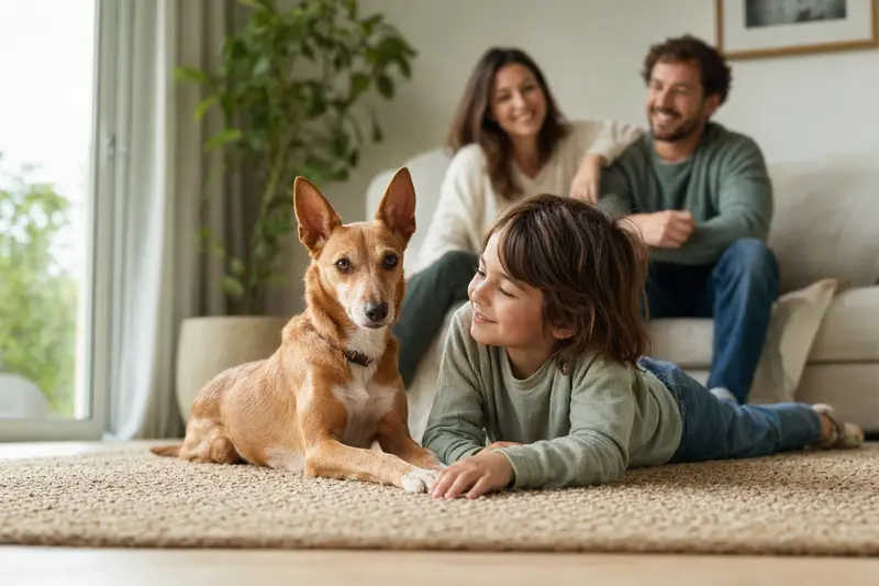 Ein freundlicher Podenco Enano liegt entspannt neben einem Kind im hellen Wohnzimmer, während die Eltern im Hintergrund eine sichere Familienatmosphäre schaffen.
